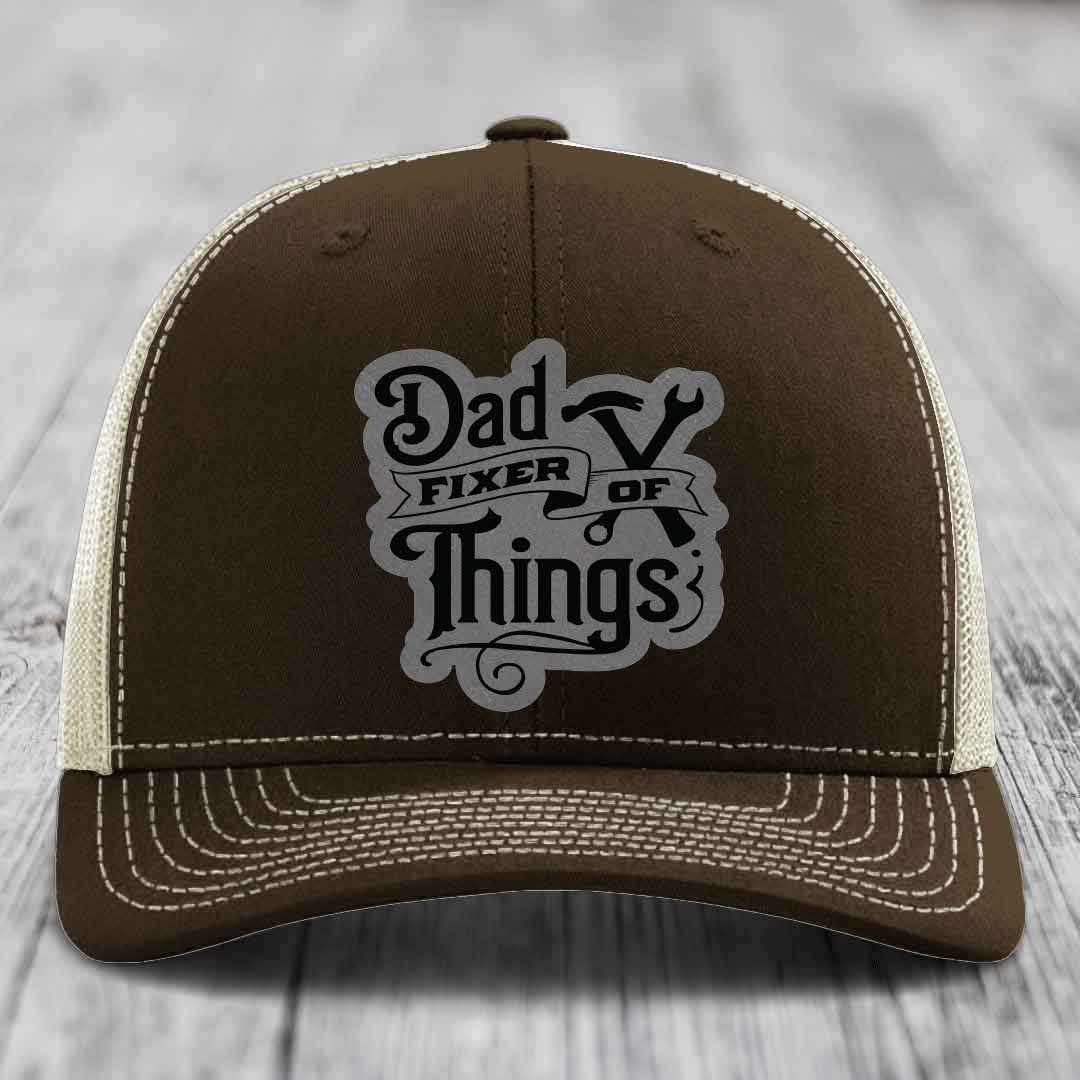Dad Fixer of Things - Leather Patch Hat - Grey to Black Patch - Richardson 112 Snapback Trucker Hat