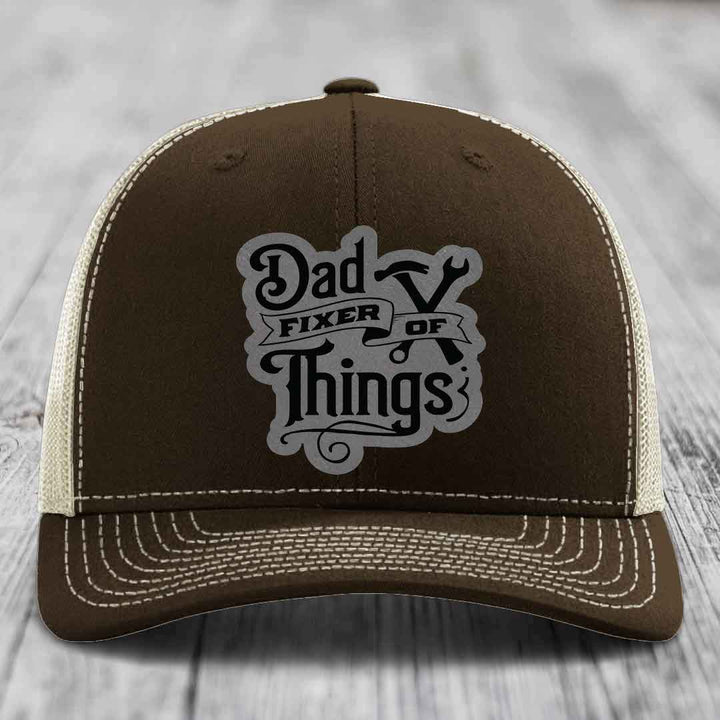 Dad Fixer of Things - Leather Patch Hat - Grey to Black Patch - Richardson 112 Snapback Trucker Hat