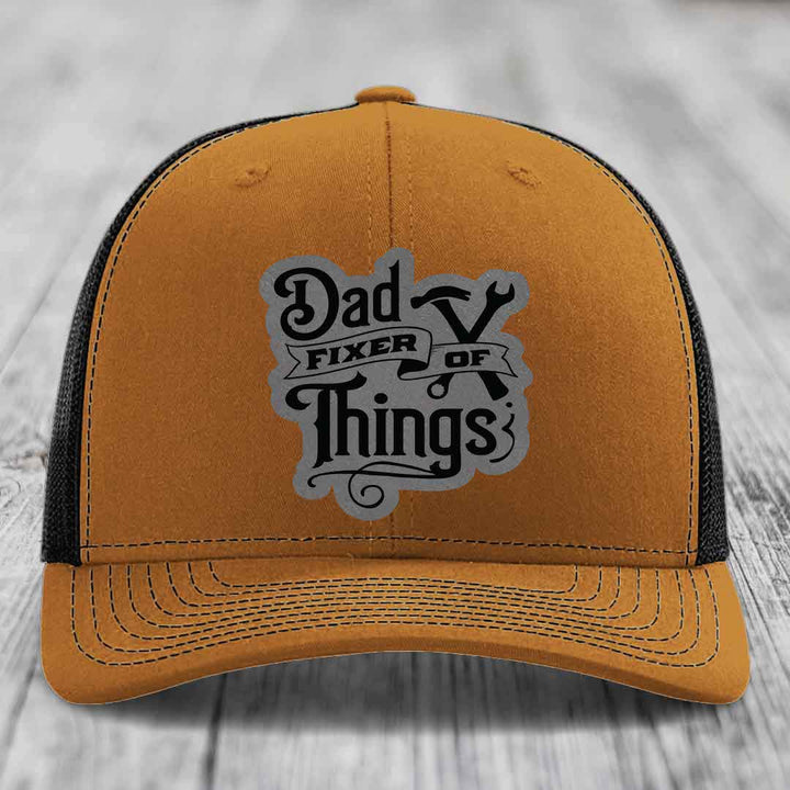 Dad Fixer of Things - Leather Patch Hat - Grey to Black Patch - Richardson 112 Snapback Trucker Hat
