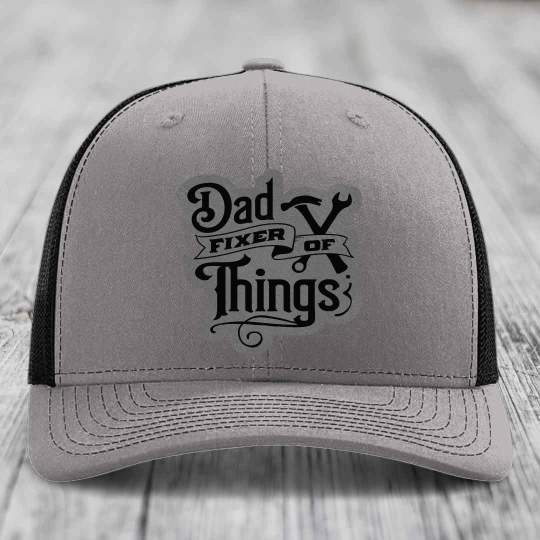 Dad Fixer of Things - Leather Patch Hat - Grey to Black Patch - Richardson 112 Snapback Trucker Hat