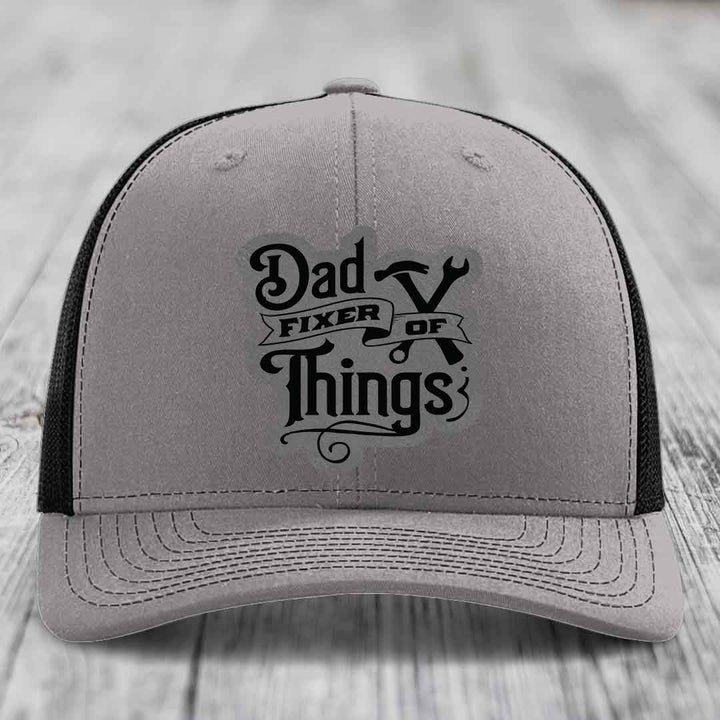 Dad Fixer of Things - Leather Patch Hat - Grey to Black Patch - Richardson 112 Snapback Trucker Hat