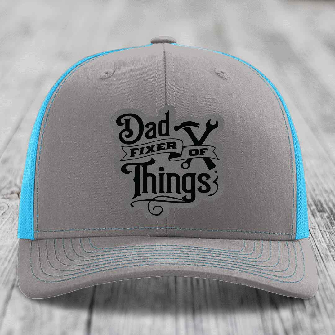Dad Fixer of Things - Leather Patch Hat - Grey to Black Patch - Richardson 112 Snapback Trucker Hat