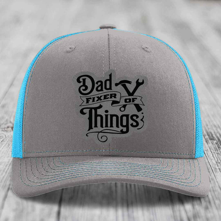 Dad Fixer of Things - Leather Patch Hat - Grey to Black Patch - Richardson 112 Snapback Trucker Hat