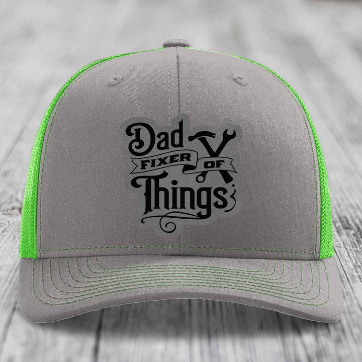 Dad Fixer of Things - Leather Patch Hat - Grey to Black Patch - Richardson 112 Snapback Trucker Hat