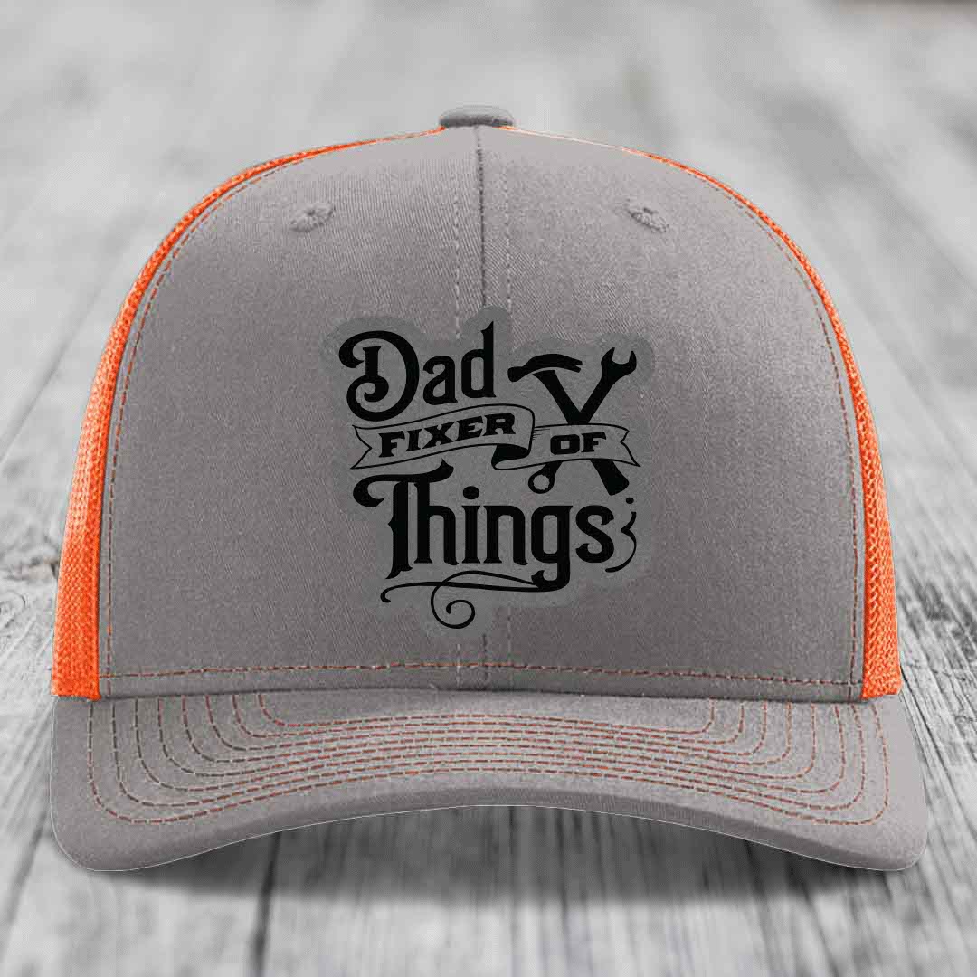 Dad Fixer of Things - Leather Patch Hat - Grey to Black Patch - Richardson 112 Snapback Trucker Hat