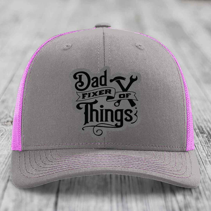 Dad Fixer of Things - Leather Patch Hat - Grey to Black Patch - Richardson 112 Snapback Trucker Hat
