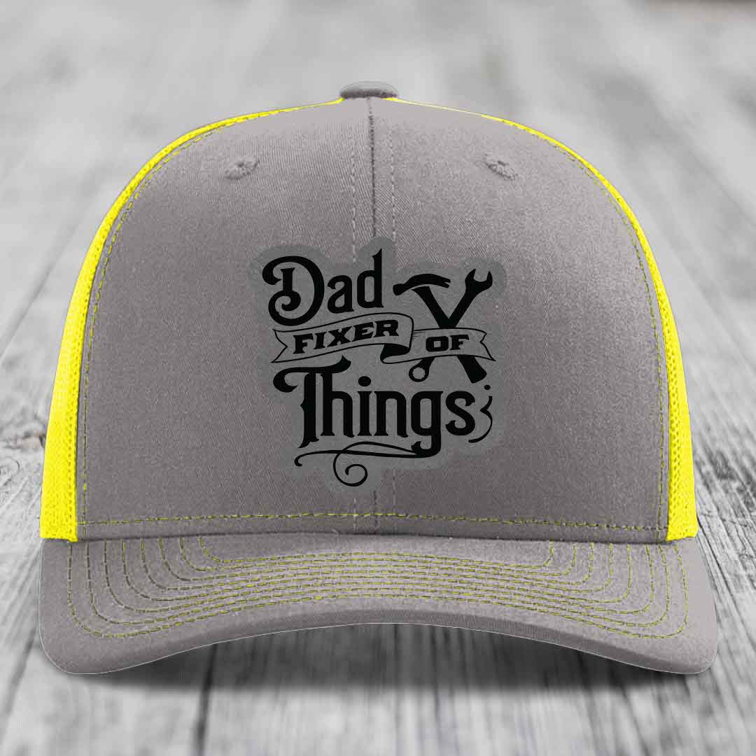 Dad Fixer of Things - Leather Patch Hat - Grey to Black Patch - Richardson 112 Snapback Trucker Hat