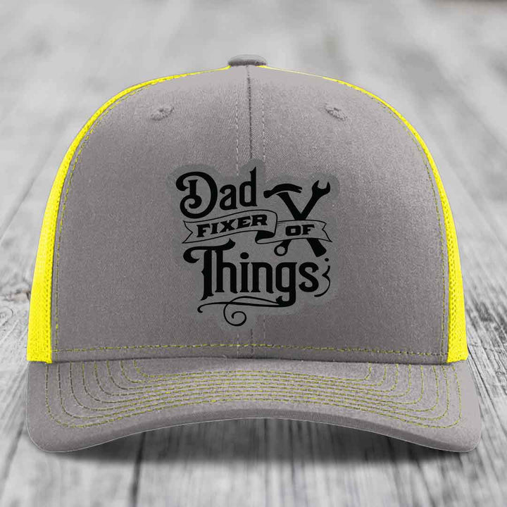Dad Fixer of Things - Leather Patch Hat - Grey to Black Patch - Richardson 112 Snapback Trucker Hat