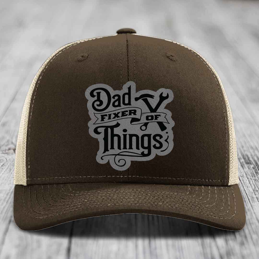 Dad Fixer of Things - Leather Patch Hat - Grey to Black Patch - Richardson 112 Snapback Trucker Hat