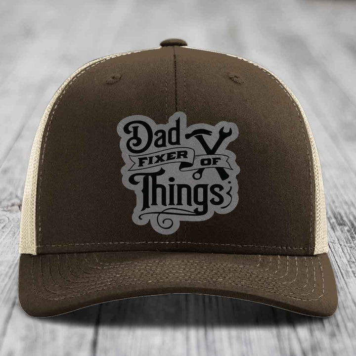 Dad Fixer of Things - Leather Patch Hat - Grey to Black Patch - Richardson 112 Snapback Trucker Hat