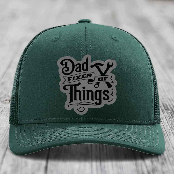 Dad Fixer of Things - Leather Patch Hat - Grey to Black Patch - Richardson 112 Snapback Trucker Hat