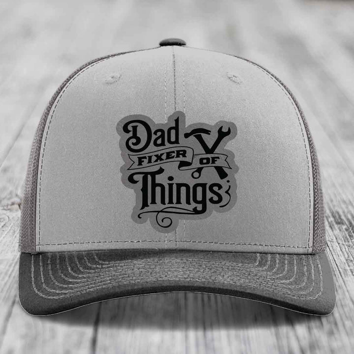 Dad Fixer of Things - Leather Patch Hat - Grey to Black Patch - Richardson 112 Snapback Trucker Hat