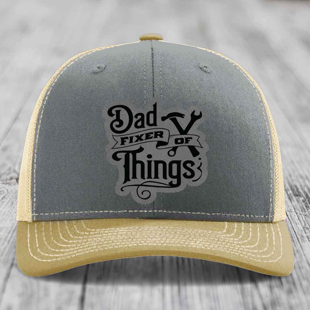 Dad Fixer of Things - Leather Patch Hat - Grey to Black Patch - Richardson 112 Snapback Trucker Hat
