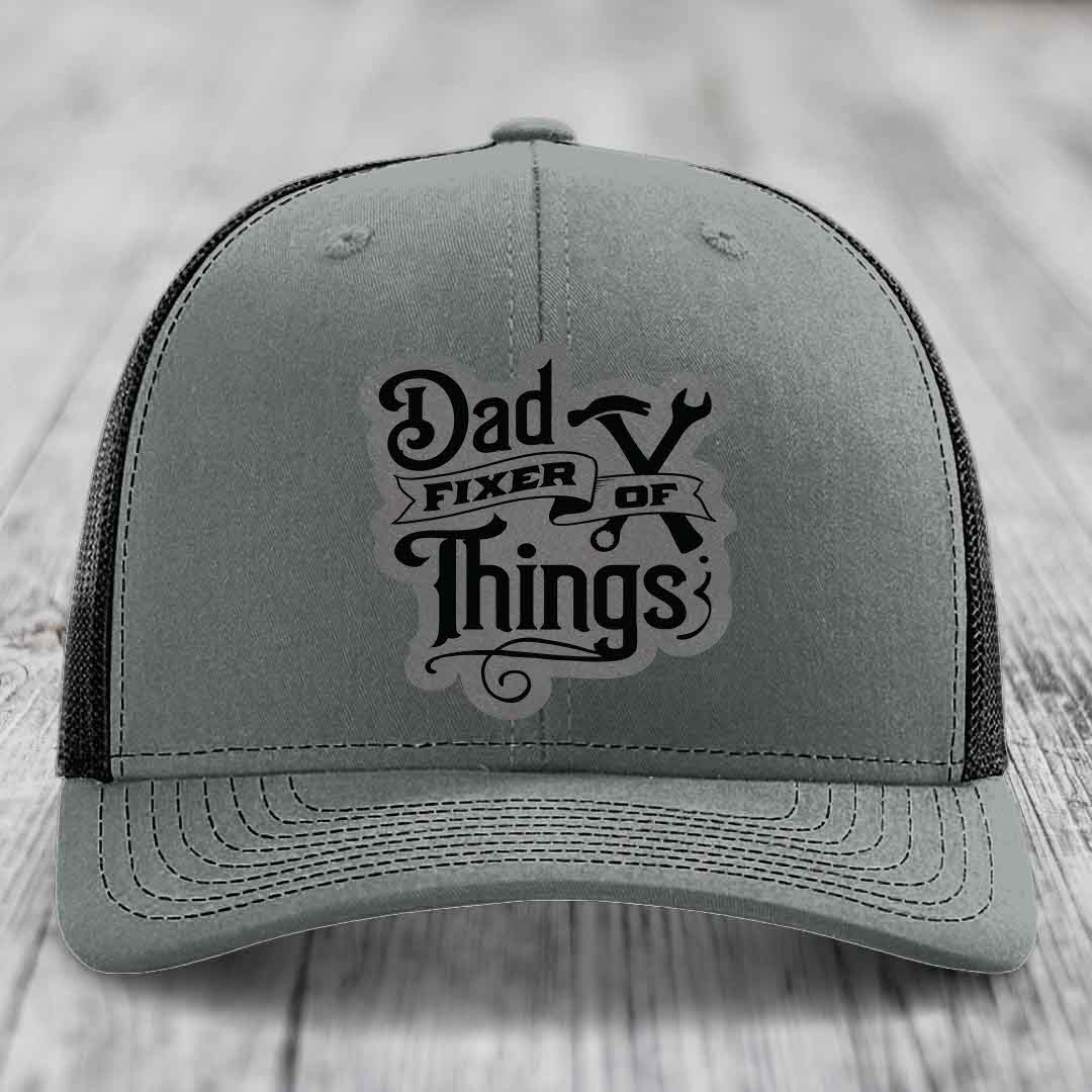 Dad Fixer of Things - Leather Patch Hat - Grey to Black Patch - Richardson 112 Snapback Trucker Hat