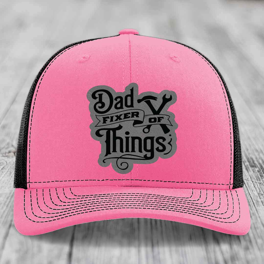 Dad Fixer of Things - Leather Patch Hat - Grey to Black Patch - Richardson 112 Snapback Trucker Hat