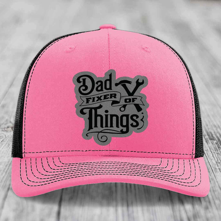 Dad Fixer of Things - Leather Patch Hat - Grey to Black Patch - Richardson 112 Snapback Trucker Hat