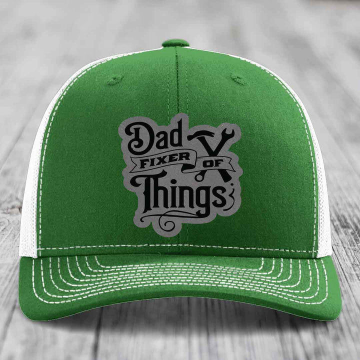 Dad Fixer of Things - Leather Patch Hat - Grey to Black Patch - Richardson 112 Snapback Trucker Hat