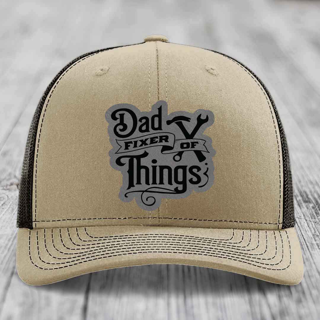 Dad Fixer of Things - Leather Patch Hat - Grey to Black Patch - Richardson 112 Snapback Trucker Hat