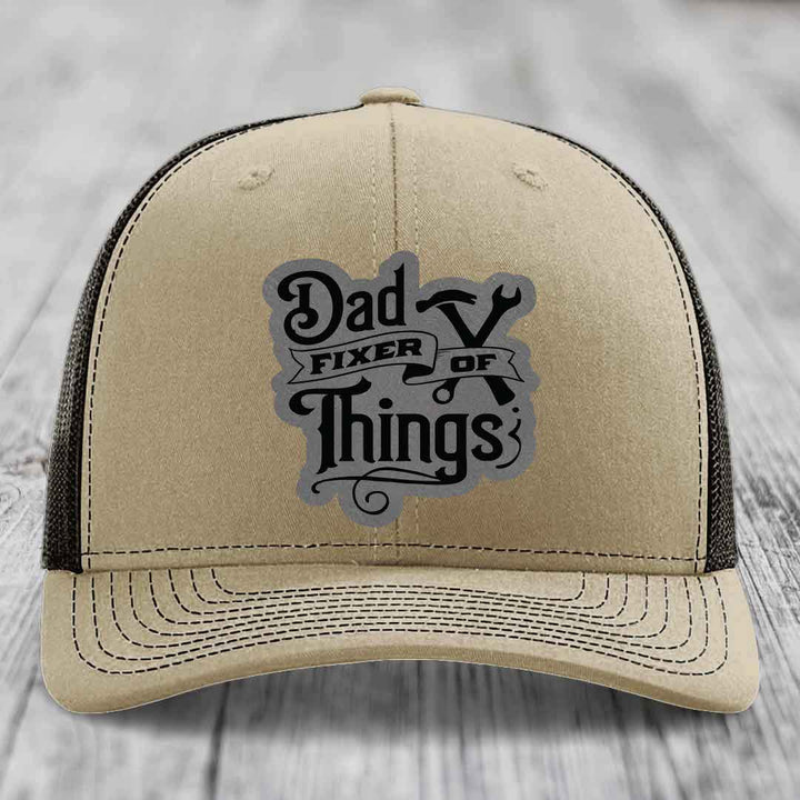 Dad Fixer of Things - Leather Patch Hat - Grey to Black Patch - Richardson 112 Snapback Trucker Hat