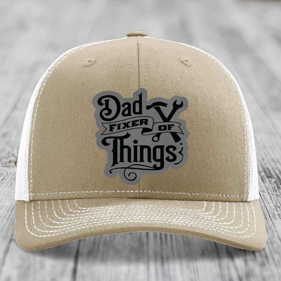 Dad Fixer of Things - Leather Patch Hat - Grey to Black Patch - Richardson 112 Snapback Trucker Hat