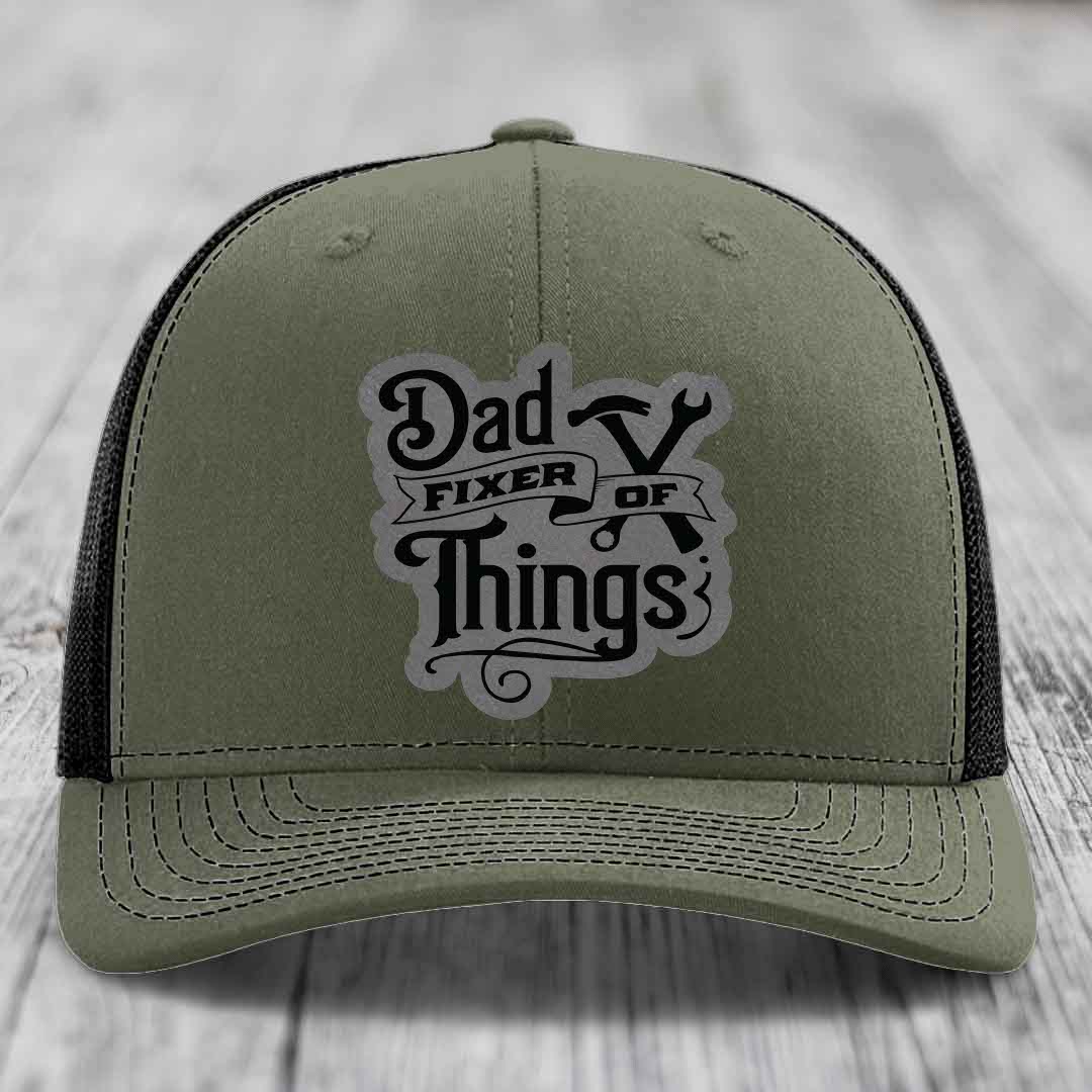 Dad Fixer of Things - Leather Patch Hat - Grey to Black Patch - Richardson 112 Snapback Trucker Hat