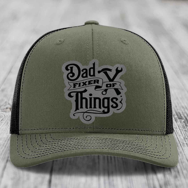 Dad Fixer of Things - Leather Patch Hat - Grey to Black Patch - Richardson 112 Snapback Trucker Hat