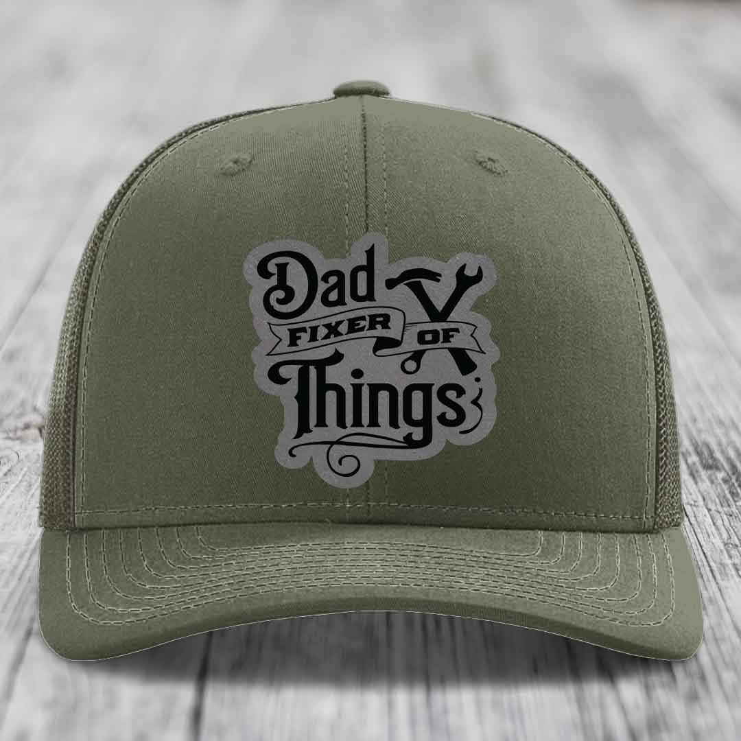 Dad Fixer of Things - Leather Patch Hat - Grey to Black Patch - Richardson 112 Snapback Trucker Hat