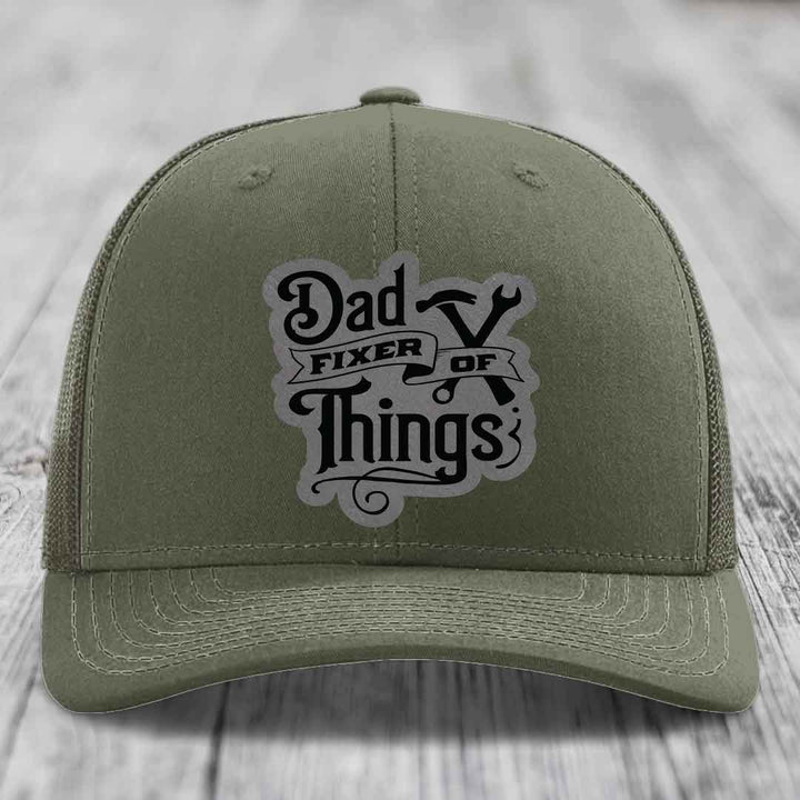 Dad Fixer of Things - Leather Patch Hat - Grey to Black Patch - Richardson 112 Snapback Trucker Hat