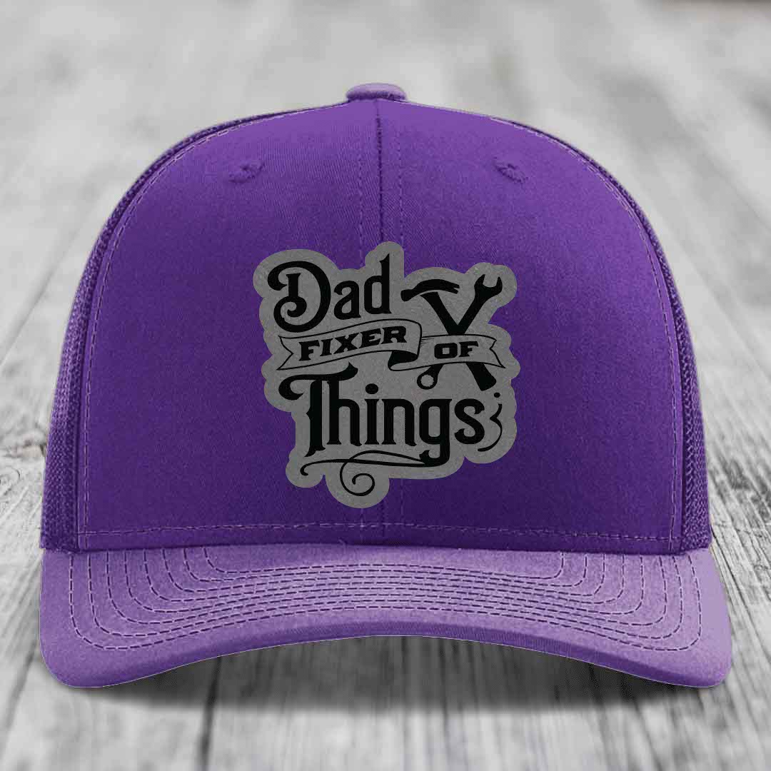 Dad Fixer of Things - Leather Patch Hat - Grey to Black Patch - Richardson 112 Snapback Trucker Hat
