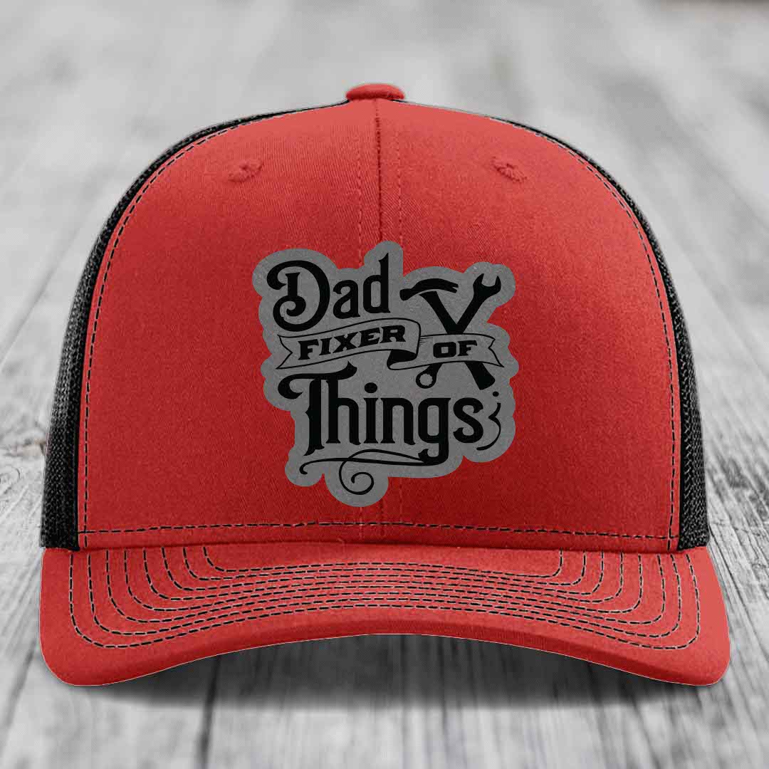 Dad Fixer of Things - Leather Patch Hat - Grey to Black Patch - Richardson 112 Snapback Trucker Hat