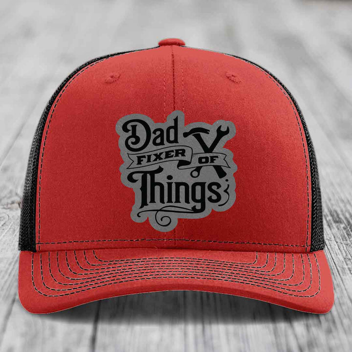 Dad Fixer of Things - Leather Patch Hat - Grey to Black Patch - Richardson 112 Snapback Trucker Hat