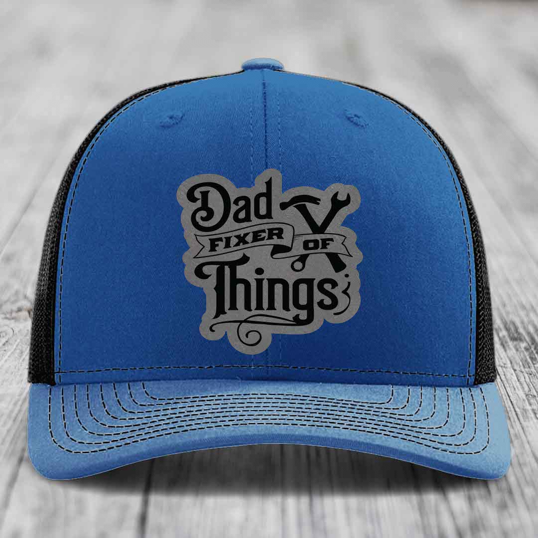 Dad Fixer of Things - Leather Patch Hat - Grey to Black Patch - Richardson 112 Snapback Trucker Hat