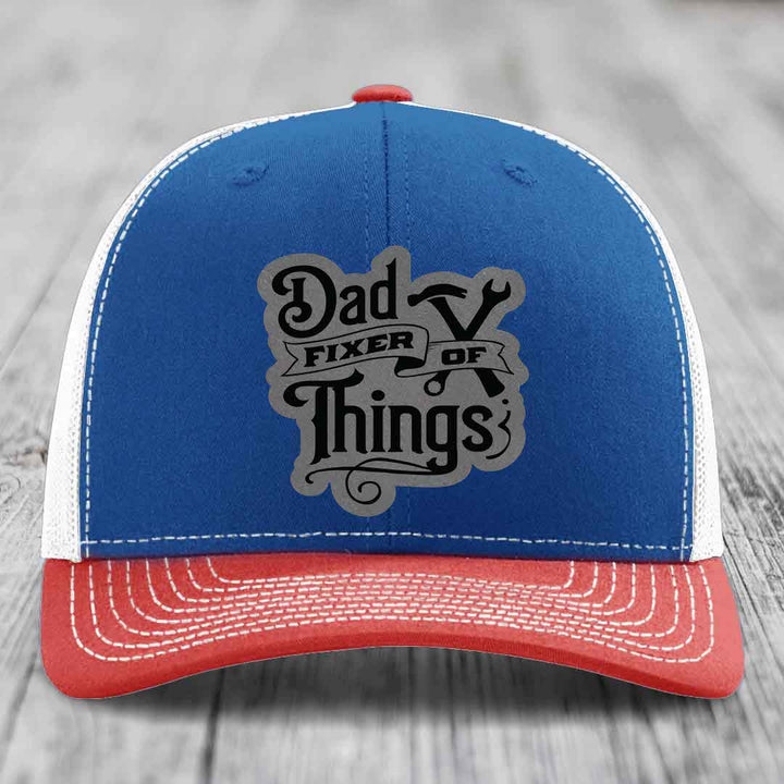 Dad Fixer of Things - Leather Patch Hat - Grey to Black Patch - Richardson 112 Snapback Trucker Hat