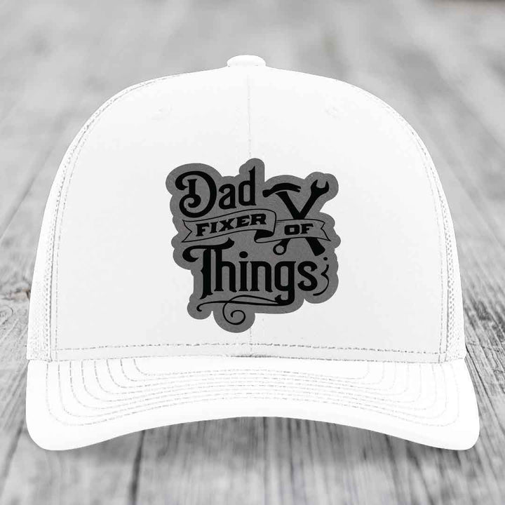 Dad Fixer of Things - Leather Patch Hat - Grey to Black Patch - Richardson 112 Snapback Trucker Hat