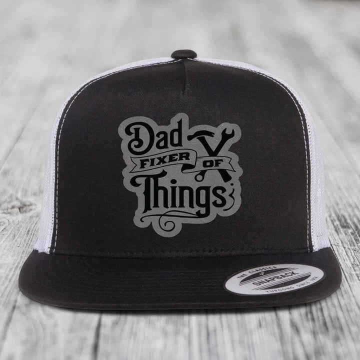 Dad Fixer of Things - Leather Patch Hat - Grey to Black Patch - Yupoong 6006 Snapback Flatbill Hat