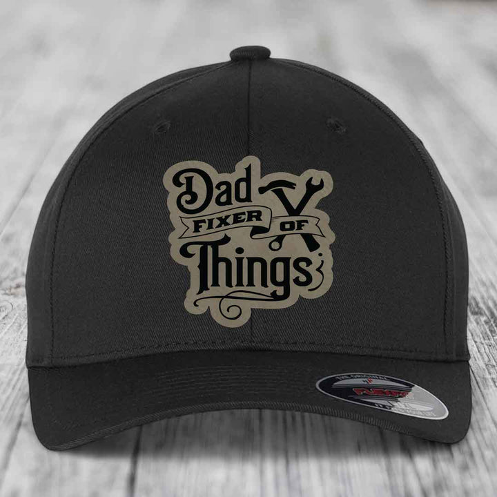 Dad Fixer of Things - Leather Patch Hat - Light Brown to Black Patch - Flexfit 6277 Fitted Hat