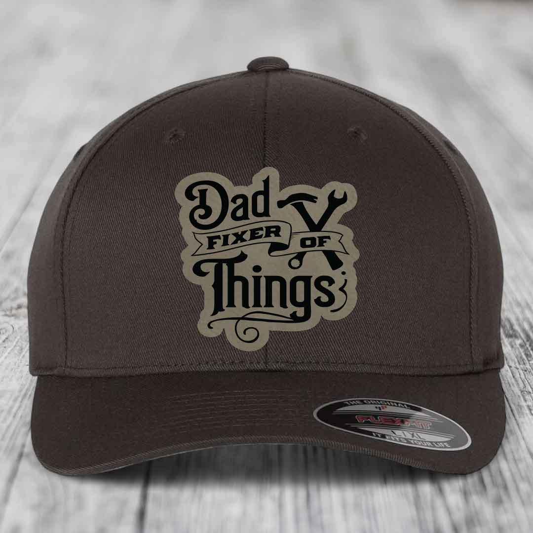 Dad Fixer of Things - Leather Patch Hat - Light Brown to Black Patch - Flexfit 6277 Fitted Hat