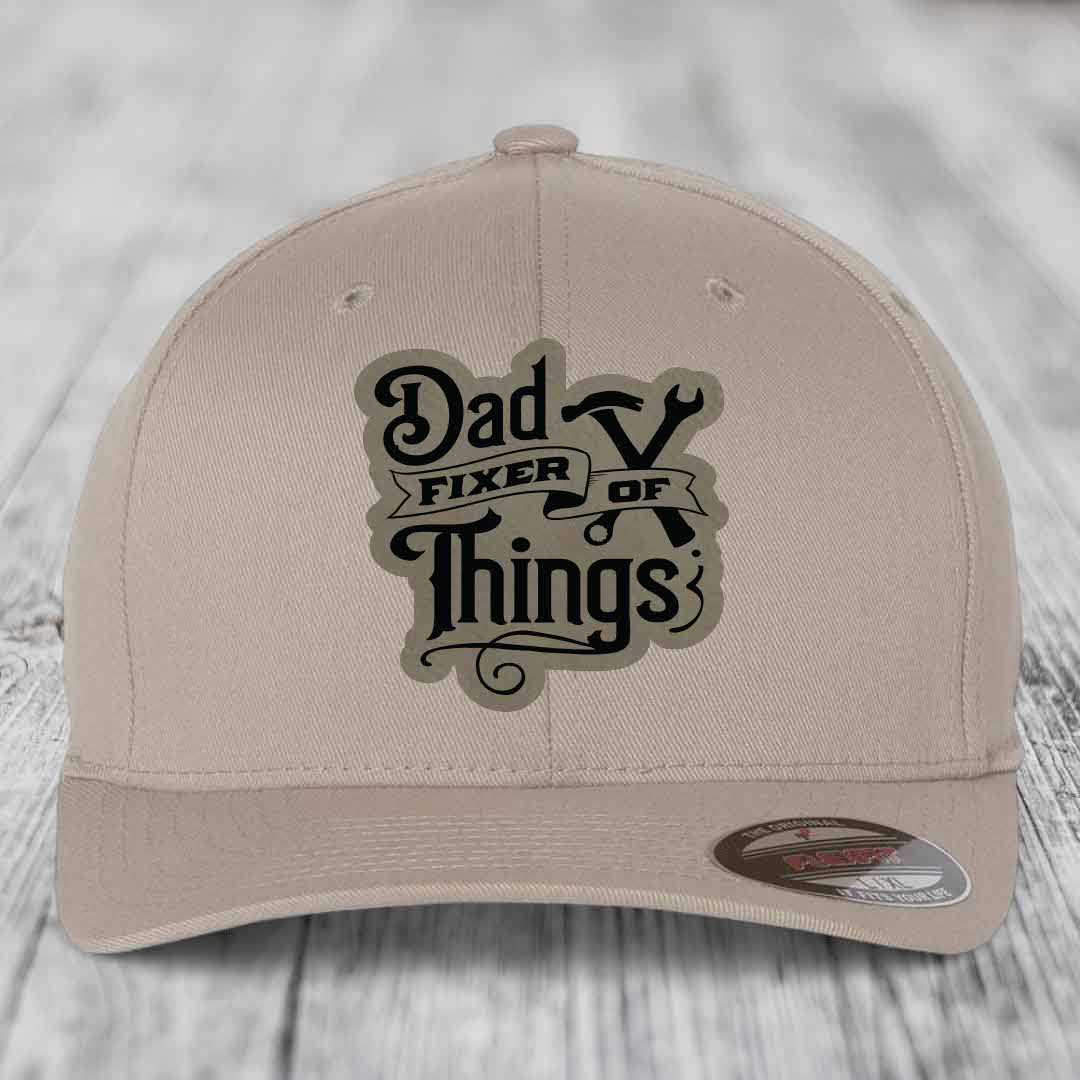 Dad Fixer of Things - Leather Patch Hat - Light Brown to Black Patch - Flexfit 6277 Fitted Hat