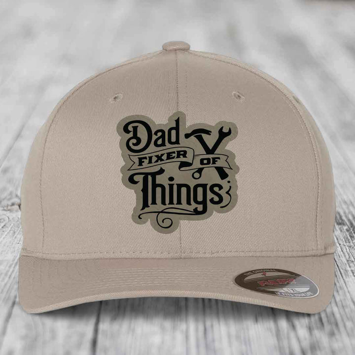 Dad Fixer of Things - Leather Patch Hat - Light Brown to Black Patch - Flexfit 6277 Fitted Hat