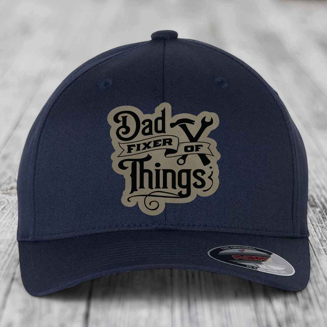 Dad Fixer of Things - Leather Patch Hat - Light Brown to Black Patch - Flexfit 6277 Fitted Hat