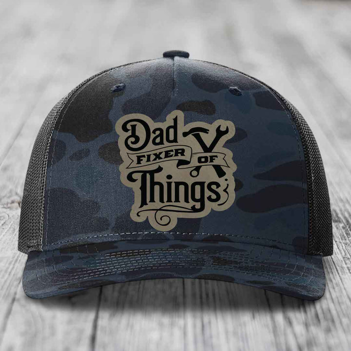 Dad Fixer of Things - Leather Patch Hat - Light Brown to Black Patch - Richardson 112PFP Snapback Trucker Hat