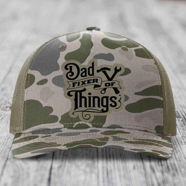 Dad Fixer of Things - Leather Patch Hat - Light Brown to Black Patch - Richardson 112PFP Snapback Trucker Hat