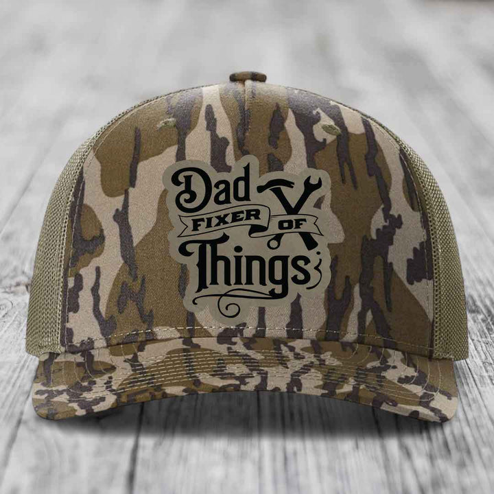 Dad Fixer of Things - Leather Patch Hat - Light Brown to Black Patch - Richardson 112PFP Snapback Trucker Hat