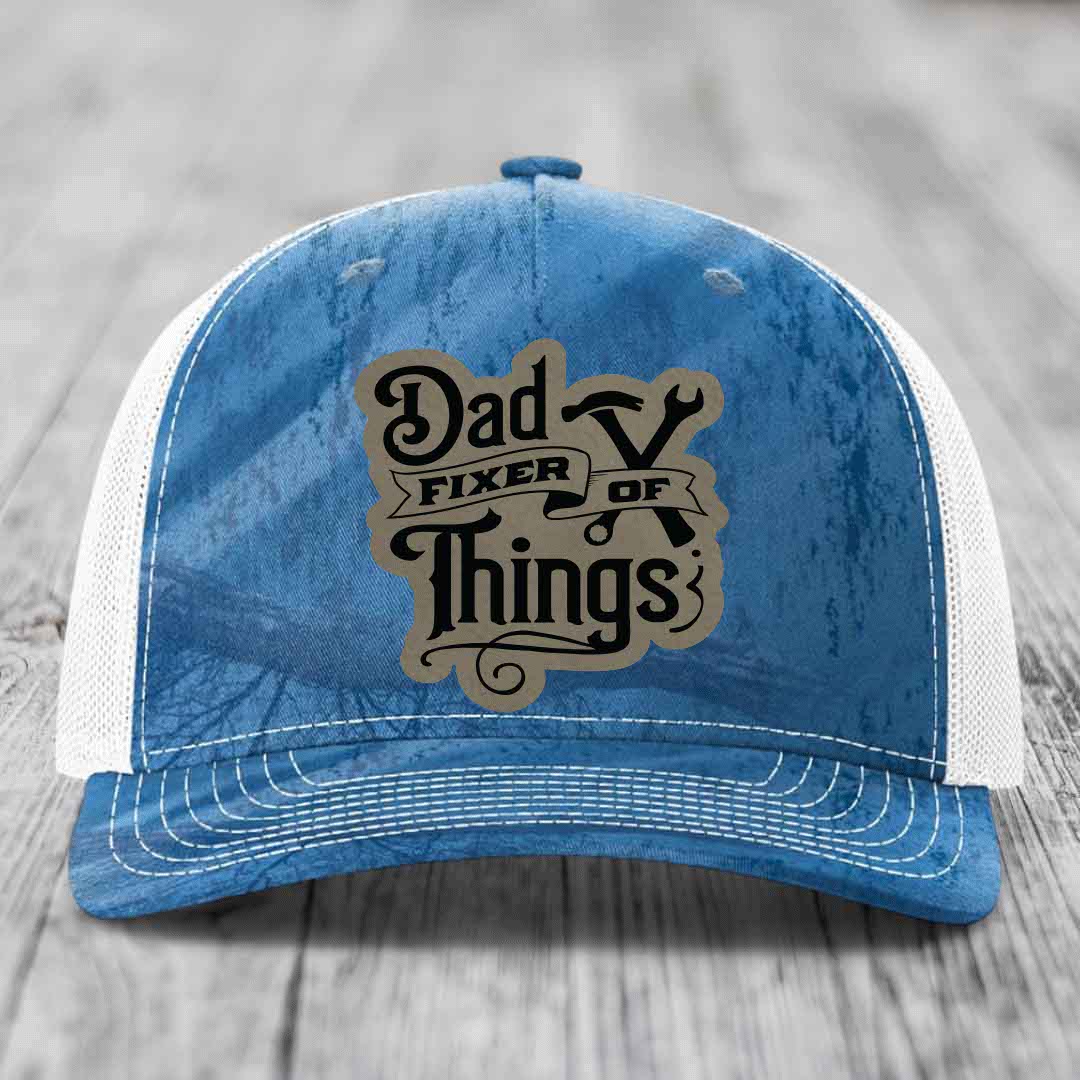 Dad Fixer of Things - Leather Patch Hat - Light Brown to Black Patch - Richardson 112PFP Snapback Trucker Hat