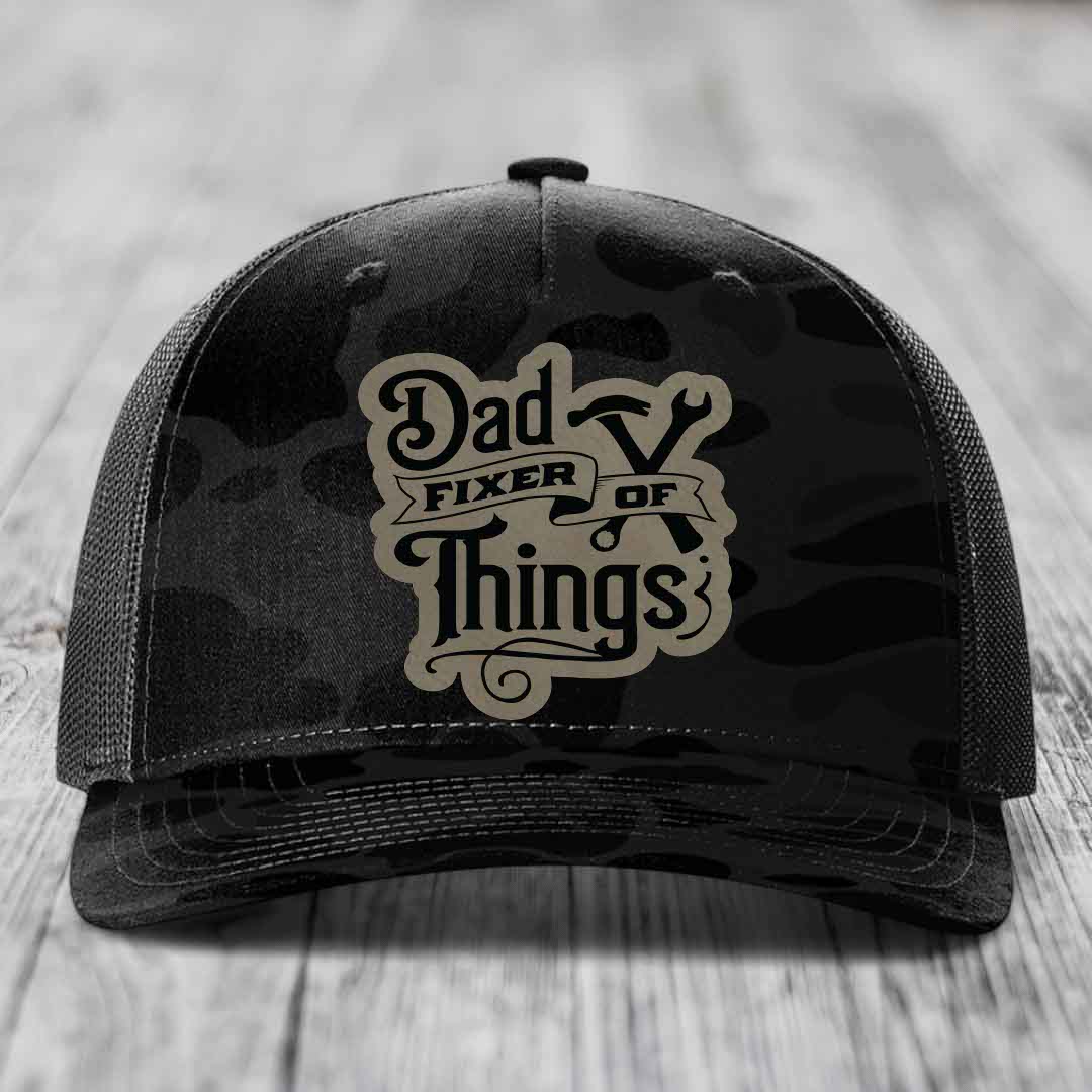 Dad Fixer of Things - Leather Patch Hat - Light Brown to Black Patch - Richardson 112PFP Snapback Trucker Hat