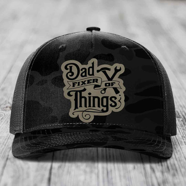 Dad Fixer of Things - Leather Patch Hat - Light Brown to Black Patch - Richardson 112PFP Snapback Trucker Hat