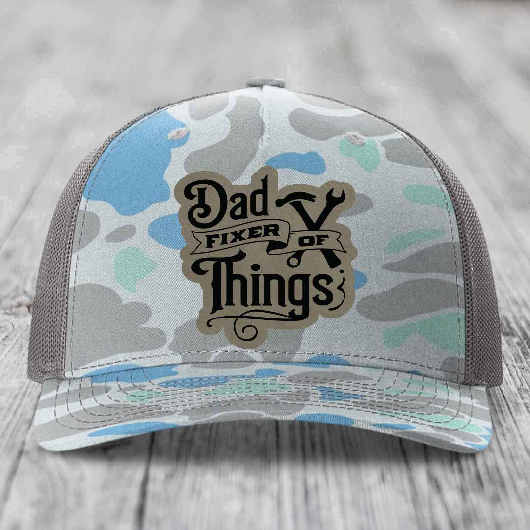 Dad Fixer of Things - Leather Patch Hat - Light Brown to Black Patch - Richardson 112PFP Snapback Trucker Hat