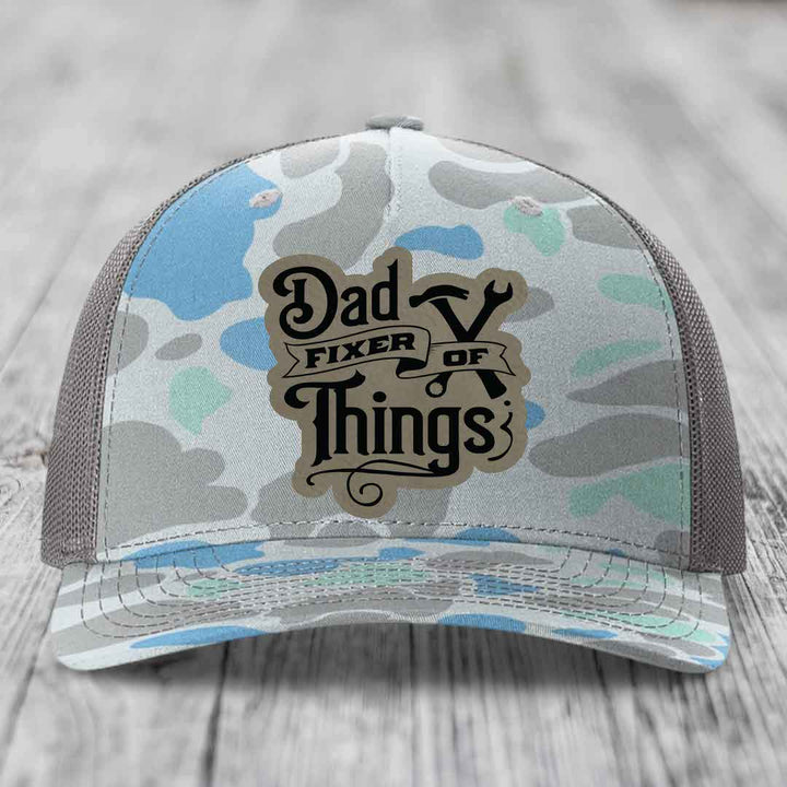 Dad Fixer of Things - Leather Patch Hat - Light Brown to Black Patch - Richardson 112PFP Snapback Trucker Hat
