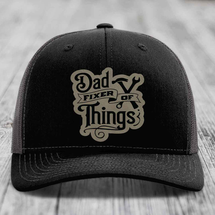 Dad Fixer of Things - Leather Patch Hat - Light Brown to Black Patch - Richardson 112 Snapback Trucker Hat