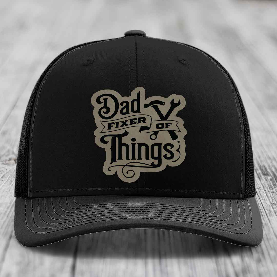 Dad Fixer of Things - Leather Patch Hat - Light Brown to Black Patch - Richardson 112 Snapback Trucker Hat